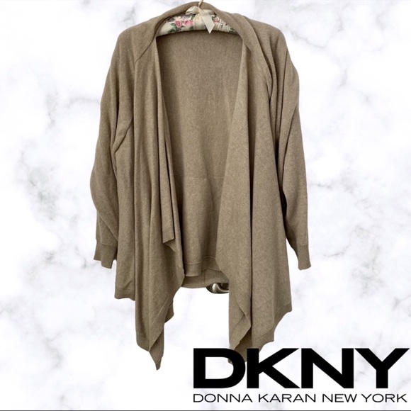 DKNY Cardigan Sweater S-Small 💯 Cashmere Tan Draped Open Front - Picture 1 of 4